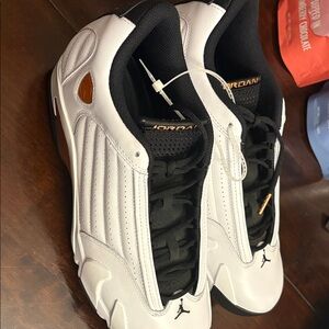Jordan 14 White and Black Golf Sneakers with Gold Accents